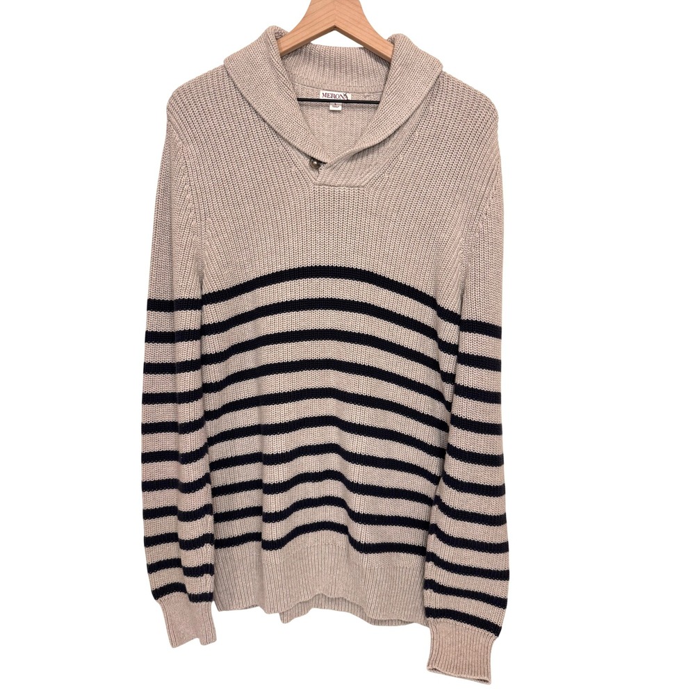 Merona Shawl Collar‎ Sweater Size L Striped Nautical Grandpa Chunky Fisherman